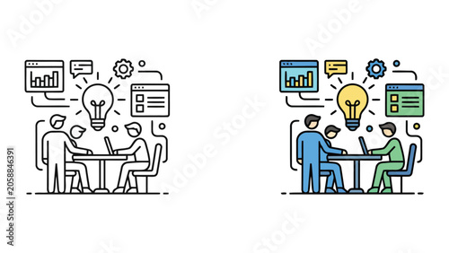 Cuadro en lienzo Collaborative office brainstorming session icon showing team members working on