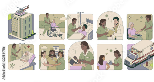 Healthcare team reviewing patient medical records. Teamwork and communication in medical settings.