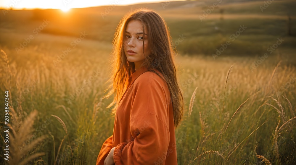 Naklejka premium Young Woman in Flowing Orange Shirt Stands in Golden Field During Sunset