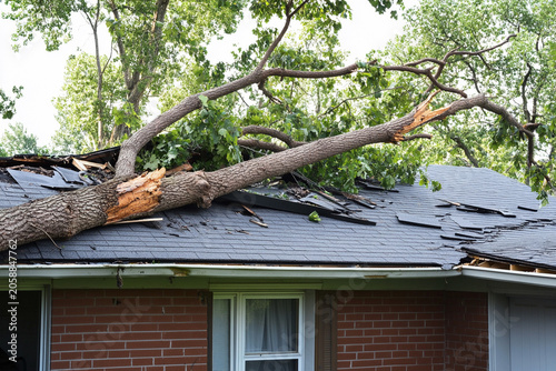 Storm damage with fallen tree on the house in neighborhood Generative AI