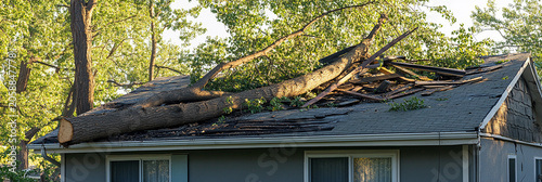 Storm damage from fallen tree on house roof Generative AI