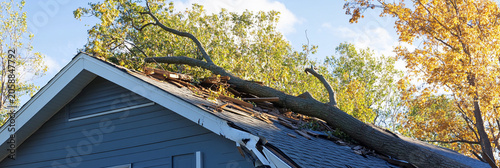 Storm damage from fallen tree on house in neighborhood Generative AI