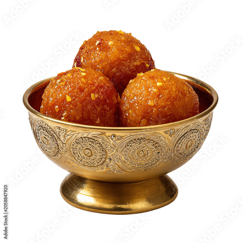Delicious Indian dessert Gulab Jamun served in a silver bowl and garnished with pistachios , Indian cuisine, sweet