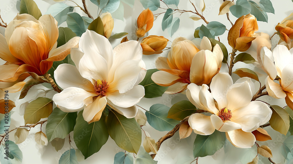 Obraz premium Blooming magnolia flowers on branches with magnolia botanical background wallpaper decorative