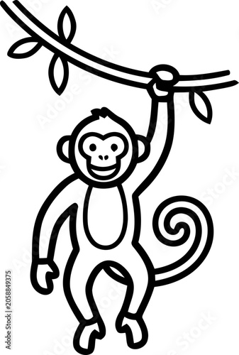 Photography Cute monkey hanging from vine, jungle animal, cartoon style, outline drawing