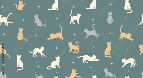 Seamless pattern with various cute cat silhouettes on blue background, seamless