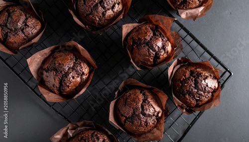 Konstfotografi Freshly baked chocolate muffins cooling on a wire rack top view