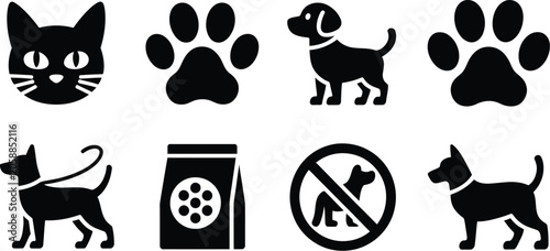 Pet care solid icon set featuring cat face dog silhouettes paw prints leash walking food bag and no dogs allowed sign.