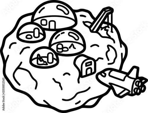 Foto Space colony on asteroid with shuttle and domes, hand-drawn illustration