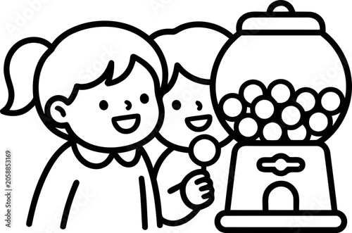 Foto Children excited by gumball machine, happy kids anticipating sweet treats, simpl