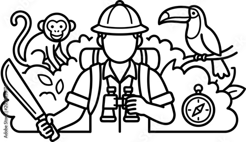 Photography Jungle Explorer with Monkey, Toucan, and Compass - Line Art Adventure