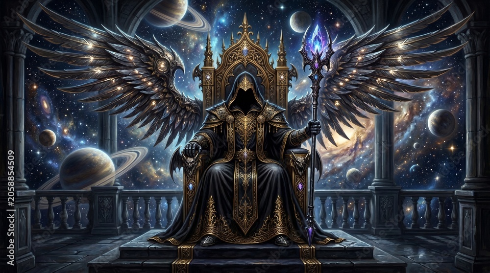 Fototapeta premium A hooded dark angel king seated on an elaborate golden throne with huge metallic wings spread wide, holding a staff, surrounded by planets and a star-filled cosmic sky