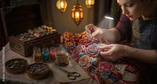 Close up of a woman artisan embroidering beautiful fabric with colorful beads and sequins, creating handmade floral textile art in a cozy workshop under warm lamp light.