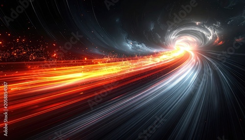 Abstract Light Trails Speeding Through a Futuristic Tunnel.
