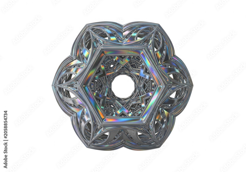 Fototapeta premium Complex 3d geometric mandala sculpture with iridescent metallic finish isolated on black background, featuring intricate lattice, holographic chrome isolated on a transparent background