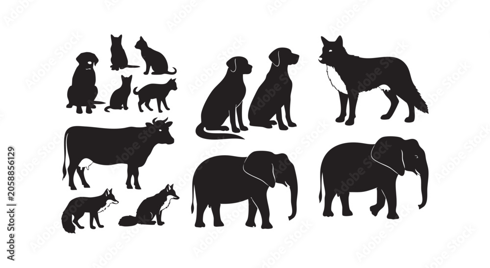 Fototapeta Collection of animal silhouettes featuring domestic cats dogs farm cows wild foxes and exotic elephant family groups.