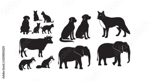 Obraz Collection of animal silhouettes featuring domestic cats dogs farm cows wild foxes and exotic elephant family groups.