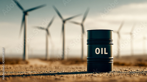 Oil Barrel in Front of Wind Turbines Symbolizing Energy Transition and Sustainable Future