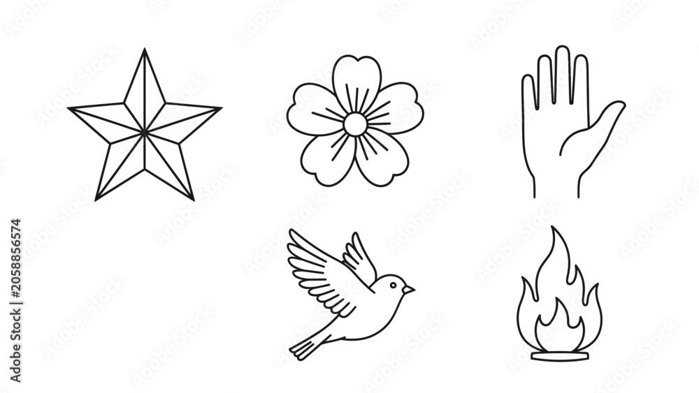 Fototapeta premium Simple Line Icons: Star, Flower, Hand, Bird, Fire - Graphic Elements