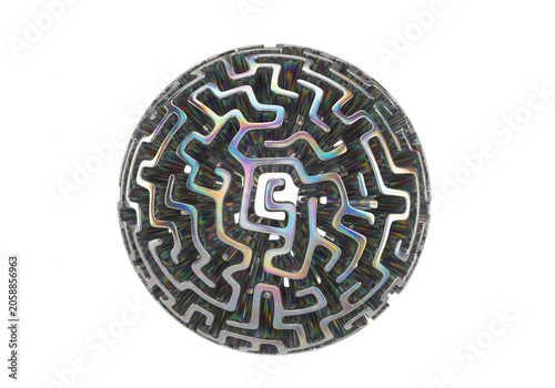 Intricate circular metallic maze with glowing iridescent pathways and complex geometric patterns isolated on a deep black holographic chrome isolated on a transparent background