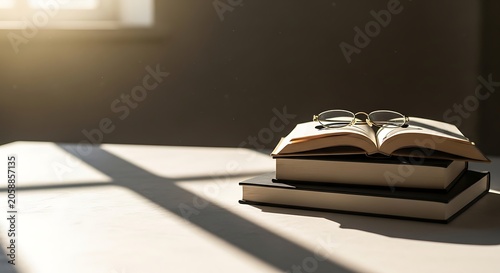 Bright Desk with Open Book and Glasses in Quiet Sunlit Room