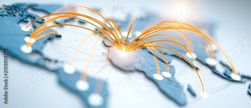 Global connections radiating from a central point on a stylized world map