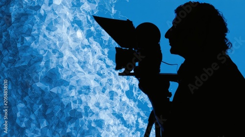 Silhouetted figure operates a camera, bathed in blue light and abstract shapes