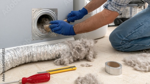 Hands in gloves clean dryer vent with tool, removing lint buildup
