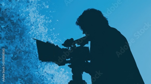 Silhouette of person filming with a large camera, abstract blue background