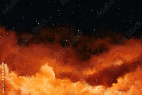 Fiery orange clouds swirl against a dark, starry night sky