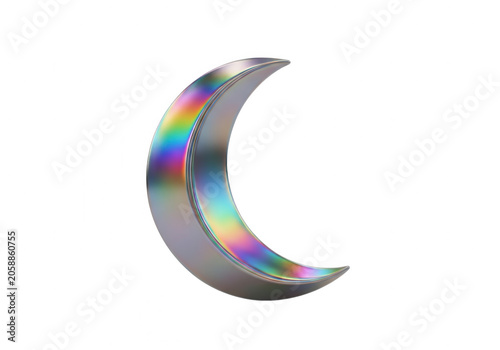 Metallic crescent moon shape with a holographic rainbow surface finish chrome isolated on a black background, for celestial and mystical isolated on a transparent background