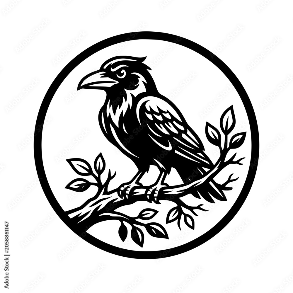 Fototapeta premium A stylized raven perched on a branch, rendered in a graphic black and white illustration within a circular frame, conveys a sense of mystery and natural power. vector illustration