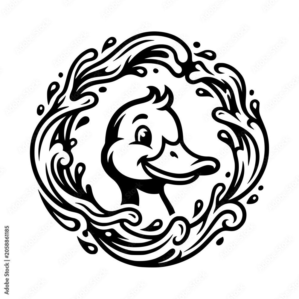 Obraz premium A cute duck head peeks out from a circular splash of water, creating a playful and whimsical illustration that evokes fun and refreshment. vector illustration