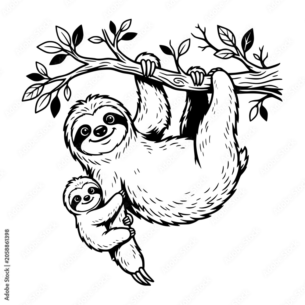 Fototapeta premium A charming illustration of a mother sloth and her baby hanging from a tree branch, showcasing a heartwarming moment of maternal affection and gentle joy. vector illustration