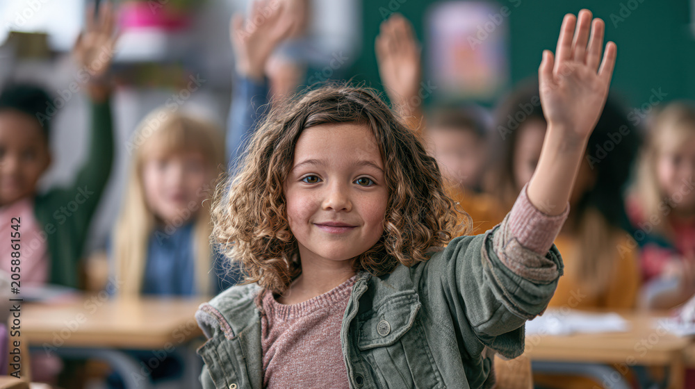 Fototapeta premium A young girl with curly hair raises her hand confidently in a classroom filled with other attentive children.
