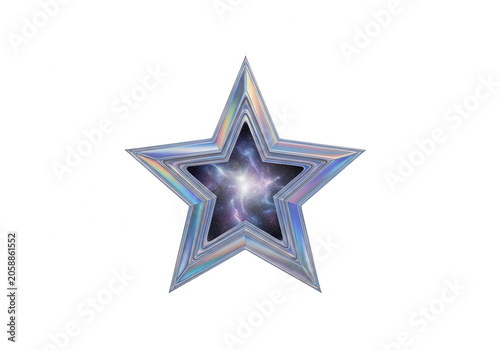 Metallic star shape with iridescent surface and glowing energy core holographic chrome isolated on a deep black background, for futuristic projects isolated on a transparent background
