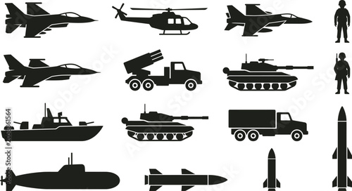 Bild auf Leinwand Military vehicles and personnel silhouettes on a white background
