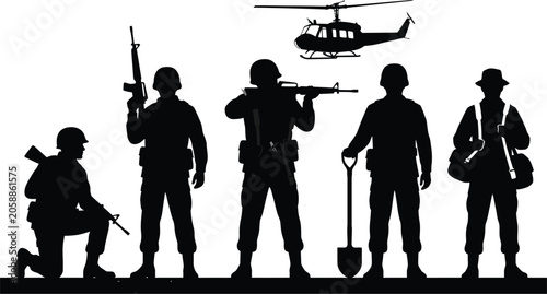 Fotografie Military soldiers and helicopter silhouette against a white background