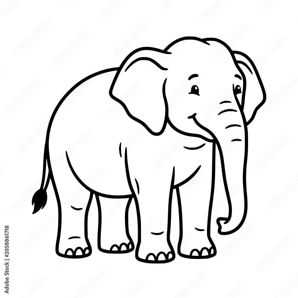 Obraz premium A friendly cartoon elephant stands with a happy expression, its large ears and trunk clearly defined in this simple, charming illustration. vector illustration