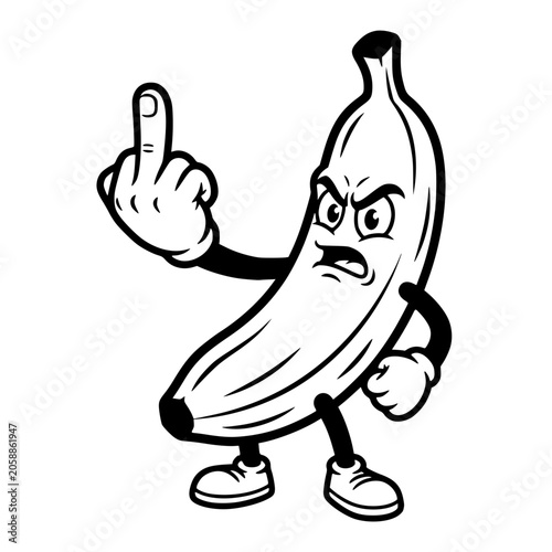 A cartoon banana with an angry expression and fists clenched gives the middle finger, rendered in a bold, illustrative style. vector illustration