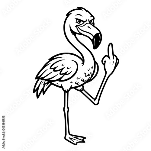 An angry cartoon flamingo with a stern expression flips the bird, its slender legs planted firmly as it stands out against a white background. vector illustration