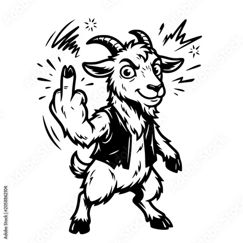 A defiant goat, depicted in a striking black and white illustration, flips the middle finger while wearing a vest and sporting an intense expression. vector illustration