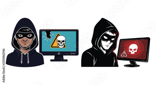 Hooded figures and computer screens with skull warnings vector illustration