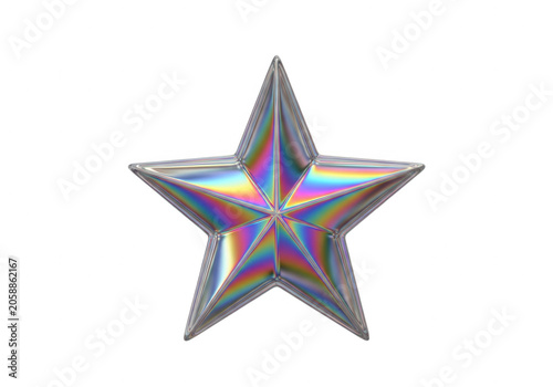 Polished five pointed star ornament with iridescent rainbow surface reflections holographic chrome isolated on a solid black background, for holiday isolated on a transparent background