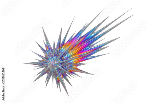 Sharp spiky starburst abstract sculpture with iridescent metallic finish and dynamic radial motion effect isolated on deep black holographic chrome isolated on a transparent background