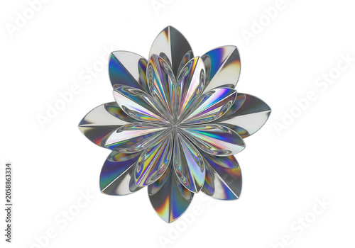 Symmetrical 3d flower sculpture made of layered iridescent glass petals with metallic edges isolated on a solid black studio holographic chrome isolated on a transparent background