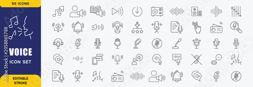 Voice line icon set. with microphone speech bubble, sound wave signal, headset call center, human ear hearing, phone communication more vector illustration or editable stroke