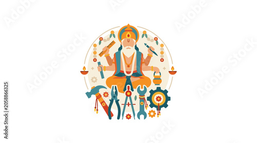 Photos Vishwakarma, Hindu God of Architecture and Engineering, holding tools