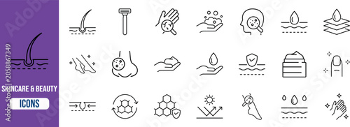 Skincare beauty dermatology vector icons. razor icon set, cream icon set, hair icon set