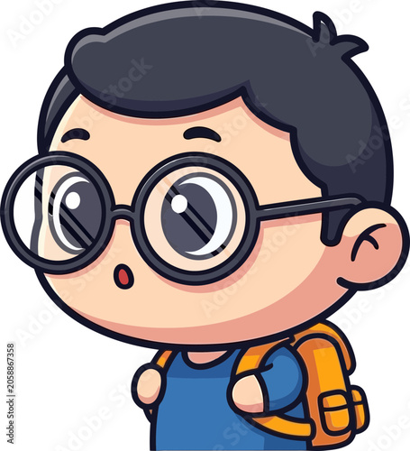 Tableau sur toile Surprised boy with glasses and backpack, cartoon style, illustration